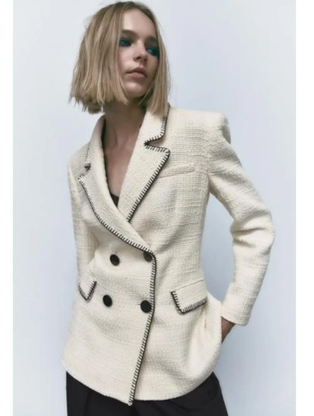 Zara  Double Breasted Whote Black Blazer Size S
